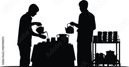 Tea ceremony silhouette, traditional tea preparation, cultural beverage ritual, black vector art, teapot and cups, communal tea serving illustration