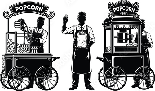 Vintage popcorn vendors, retro street food carts, black and white illustration, nostalgic snack scene, old-fashioned market, whimsical vendor artwork