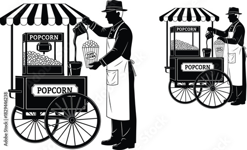 Vintage popcorn vendor illustration, street food cart, retro snack seller, nostalgic black and white artwork, old-fashioned market scene, classic food stall