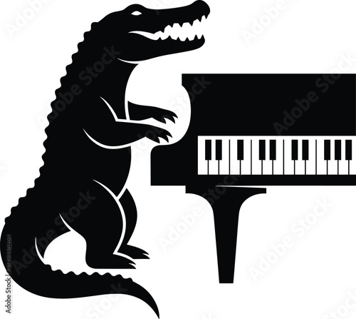 Alligator playing piano, animal musician silhouette, whimsical reptile art, black and white illustration, funny wildlife concept, creative music scene