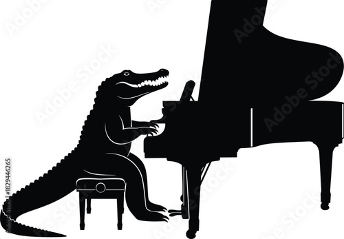 Alligator playing piano, animal musician silhouette, black and white vector, whimsical reptile art, grand piano cartoon, creative wildlife illustration