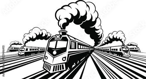 Vintage steam locomotive illustration, fast trains on railway tracks, transportation speed concept, retro engine artwork, railroad travel graphic, smoke clouds design