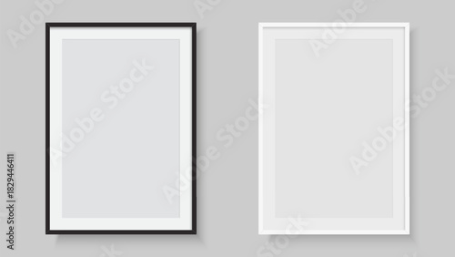 Black and white wooden frame on gray background. Picture frame. Vector illustration