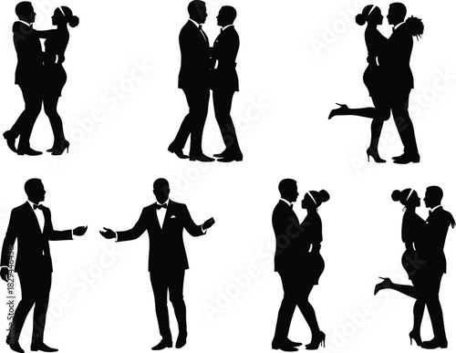 Romantic couple silhouette dance pose illustration, elegant formal outfit figures, wedding celebration concept, relationship love art design graphic element vector
