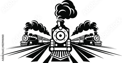 Vintage steam locomotive illustration, three trains traveling on railway tracks, retro transportation artwork, smoke clouds, classic rail engine graphic design vector