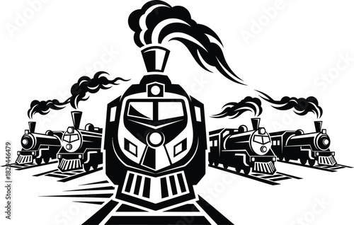 Vintage steam locomotive illustration, multiple trains on railway tracks, dramatic smoke clouds, retro transportation artwork, classic rail engine vector graphic design
