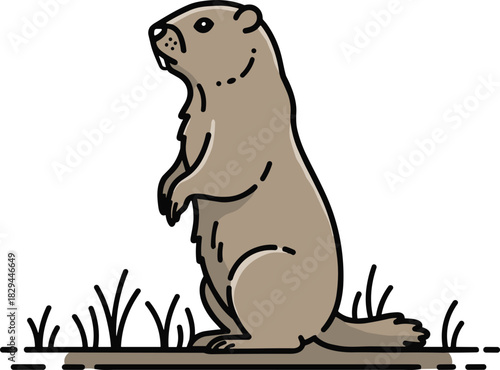 Cute groundhog standing alert in grassy field, cartoon wildlife rodent illustration, nature character design, brown marmot vector art, outdoor animal drawing