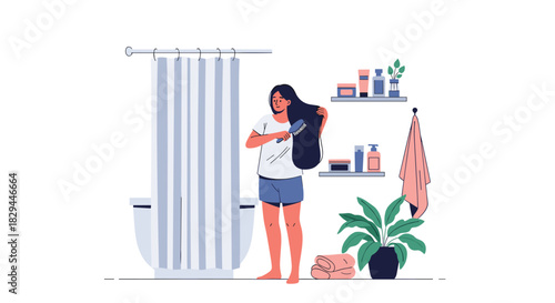 Young woman stands in a modern, clean bathroom, brushing her long dark hair as part of her daily self-care and beauty routine.
