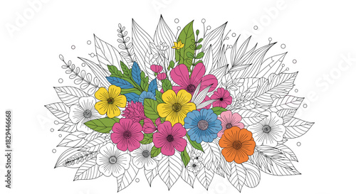 A vibrant bouquet of colorful flowers and green leaves surrounded by a detailed, uncolored outline of foliage, perfect for a unique coloring book design.