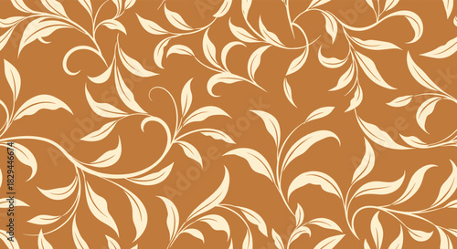 Elegant seamless pattern featuring swirling cream-colored vines and delicate leaves on a rich terracotta-orange background, ideal for decorative and textile designs.