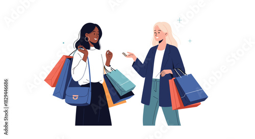 Happy diverse women friends enjoy a shopping spree, carrying colorful bags and sharing a moment of joy after their purchases.