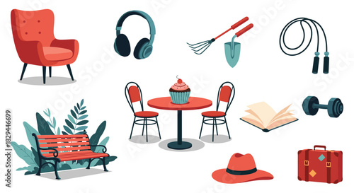 A diverse collection of everyday objects, including furniture, tools, accessories, and hobby items.