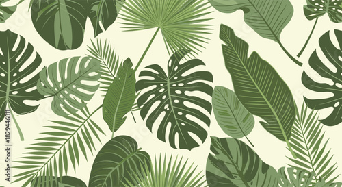 A beautiful seamless botanical pattern featuring a variety of green tropical leaves from Monstera, palm, and banana plants.