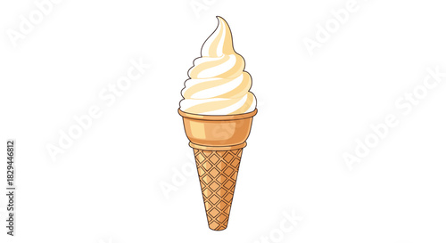 A delectable vanilla soft-serve ice cream cone, featuring creamy swirls on a golden waffle cone, isolated on a clean white background.