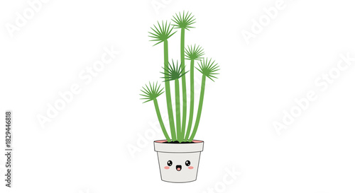 An adorable kawaii style potted plant with tall green stems and fan-like leaves in a smiling white pot.