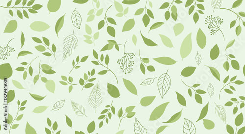Seamless pattern of various green leaves and small branches on a light background, symbolizing nature, spring, and organic freshness.
