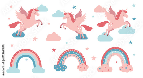 Charming seamless pattern with flying winged unicorns, colorful rainbows, fluffy clouds, and twinkling stars in a pastel pink and blue palette.