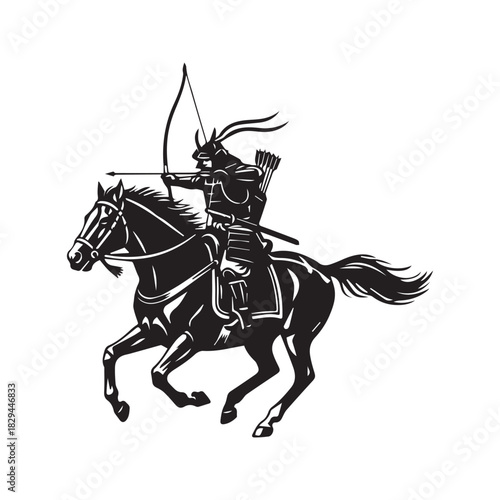 Japanese Samurai Warrior Riding Horse Shooting Bow and Arrow Silhouette Vector

