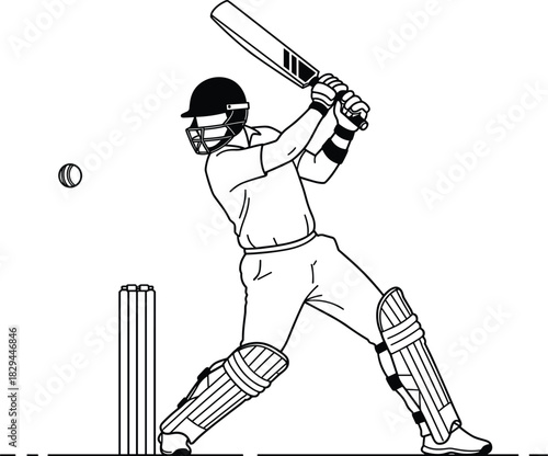 Professional cricket batsman swinging bat illustration, sports action scene, athlete playing competitive match, dynamic batting posture, outdoor field training concept, vector design
