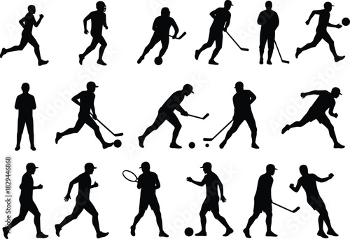 Silhouette illustration of multiple sports athletes running, playing hockey and tennis, dynamic fitness action poses collection, competitive training movement artwork design