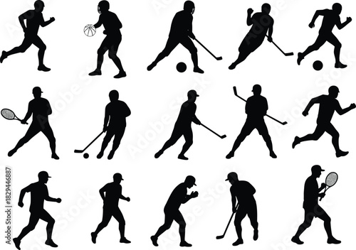 Silhouette illustration of multiple sport athletes running, playing hockey, tennis, and basketball, dynamic fitness activity collection, competitive sports action artwork design