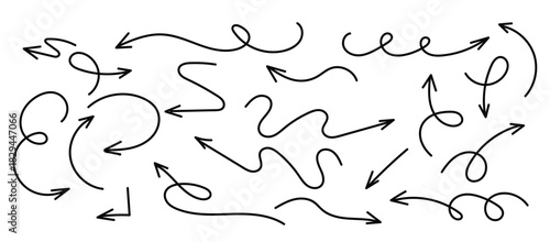 Set of multidirectional black arrows hand drawn on white