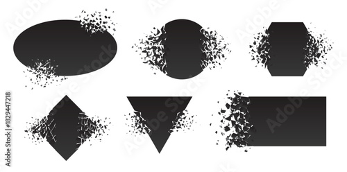 Shape shattered and explodes flat style design vector illustration set isolated on white background.