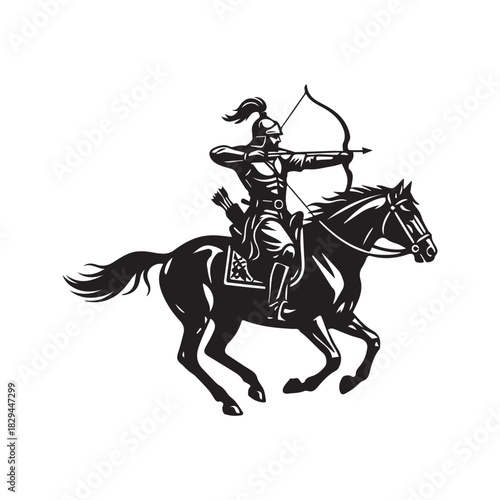 Japanese Samurai Warrior Riding Horse Shooting Bow and Arrow Silhouette Vector
