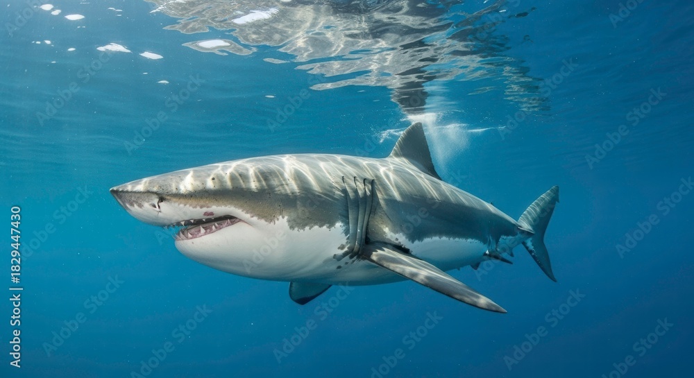 Fototapeta premium Ocean Predator: A majestic great white shark glides effortlessly through the ocean's depths, its powerful form a testament to nature's raw beauty and the mysteries beneath the waves.