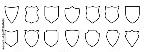 Shield Black Line Icon Set. Outline Sign of Safety, Defence Pictogram. Guard Defense Emblem Outline Icons. Police Badge Shape and Football Patches. Isolated Vector Illustration.