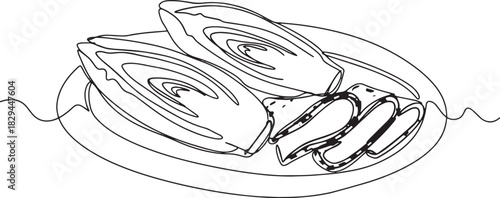 Elegant single line drawing featuring Belgian endives au jambon