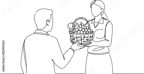 Continuous line drawing of a woman handing a fruit basket to a g