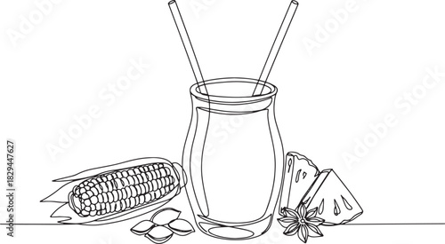Line art illustration of chicha morada drink with corn, pineappl