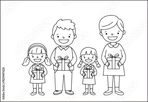 Cheerful family holding gift boxes outline illustration for chri