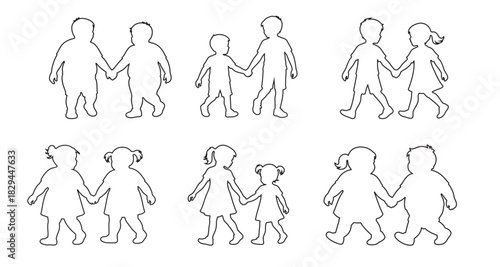 Set of outline of children walking in pairs, isolated on white background, graphic illustration. concept of childhood, friendship, boys, girls, social, playful interaction, icon, design element