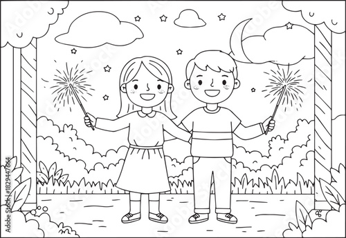 Festive celebration with sparklers coloring page for kids and fa