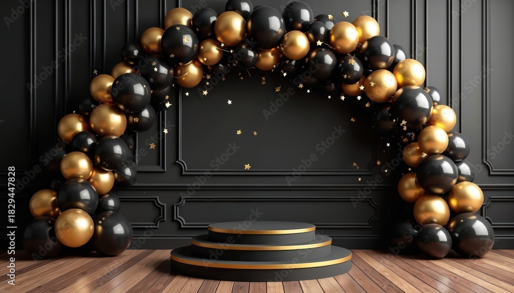 Naklejka premium Black, gold balloons form grand arch. Chic three tiered podium stands on wooden floor. Golden stars sparkle on dark paneled wall. Luxurious studio setup provides elegant backdrop for celebration,
