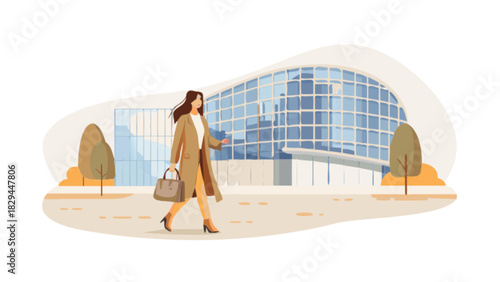 Business woman walking to work in city office building vector illustration design concept art