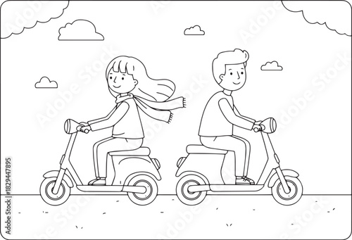 Cheerful couple enjoys a leisurely scooter ride under fluffy car