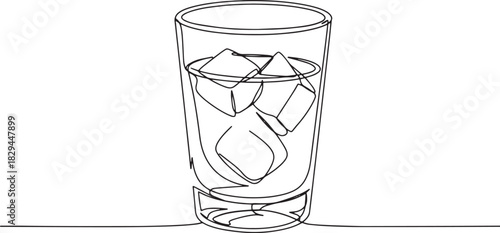 Continuous Line Drawing of Refreshing Drink with Ice Cubes in th