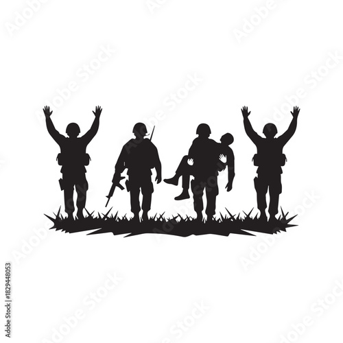 Silhouette of Surrendering Soldiers with Hands Up and Carrying Wounded Comrade Vector
