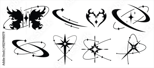 Y2k Design element, butterfly, sparkling stars, abstract shape for t shirt street wear fashion and y2k design. Retro Y2K Aesthetic Tattoo Elements Cosmic and Tribal Symbol Pack