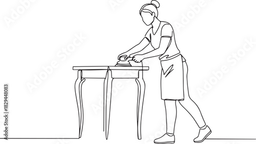 Line art illustration showing a woman refinishing a table with a