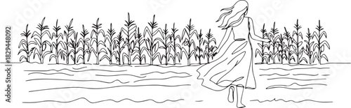 Serene line art depicting a woman running through a cornfield la