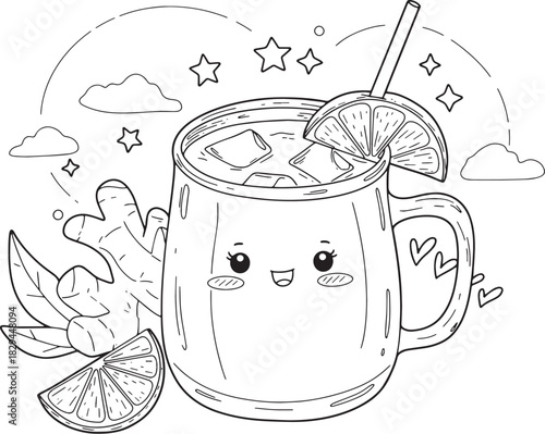 Cute cartoon drink with ginger, lemon and ice cubes, hand drawn