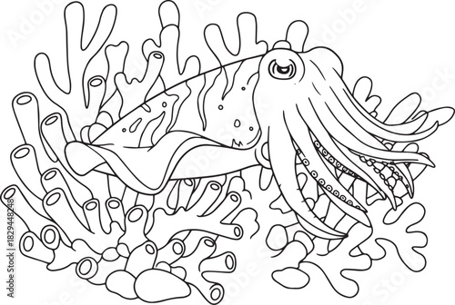 Detailed Cuttlefish Among Corals Black and White Line Art for Co