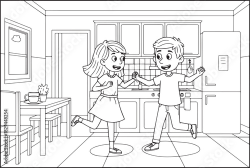 Cartoon couple dancing together in kitchen, radiating youthful h