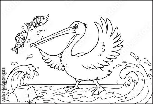 Line art illustration of a pelican fishing in the water with fis