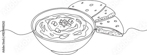 Minimalist continuous line drawing of tzatziki dip and pita brea