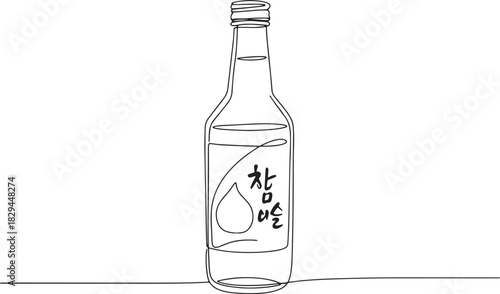 Elegant minimalist single line drawing of soju bottle, a popular